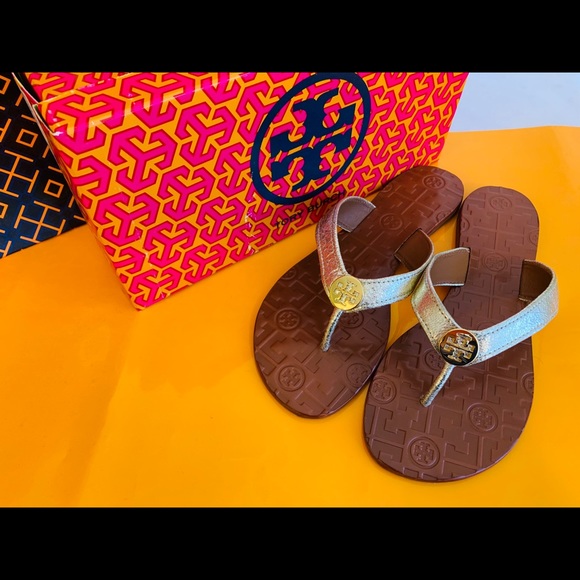 NIB TORY BURCH THORA LEATHER SANDALS SPARK GOLD - Picture 7 of 7